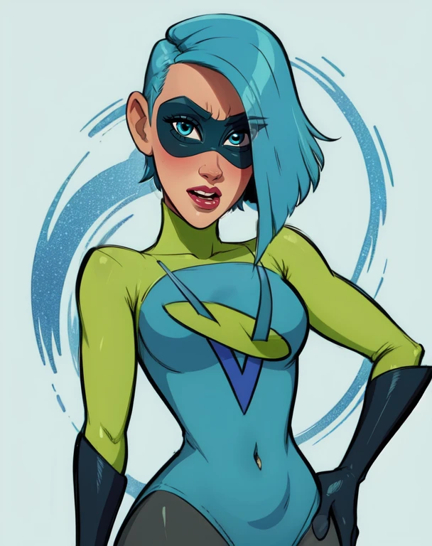 Voyd,blue hair , blue eyes , short hair, lips, surprised, hips,
domino mask, bodysuit, skin tight, covered navel, gloves,
standing, upper body,
stars, cruise ship,
(insanely detailed, beautiful detailed face,beautiful detailed eyes, masterpiece, best quality) solo, <lora:Voyd-10v6:0.9>