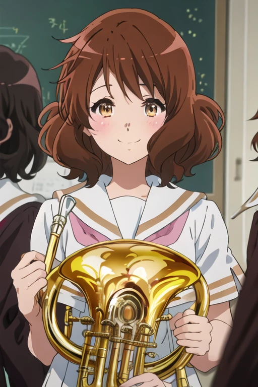 best quality, masterpiece, highres, solo, {oumae_kumiko_soundeuphonium:1.15}, brown_hair, short_hair, brown_eyes, blush, serafuku, bangs, closed_mouth, 1girl, brown_shirt, closed_eyes, instrument, kitauji_high_school_uniform, neckerchief, sailor_collar, school_uniform, smile, white_sailor_collar, holding, red_neckerchief, upper_body, shirt
