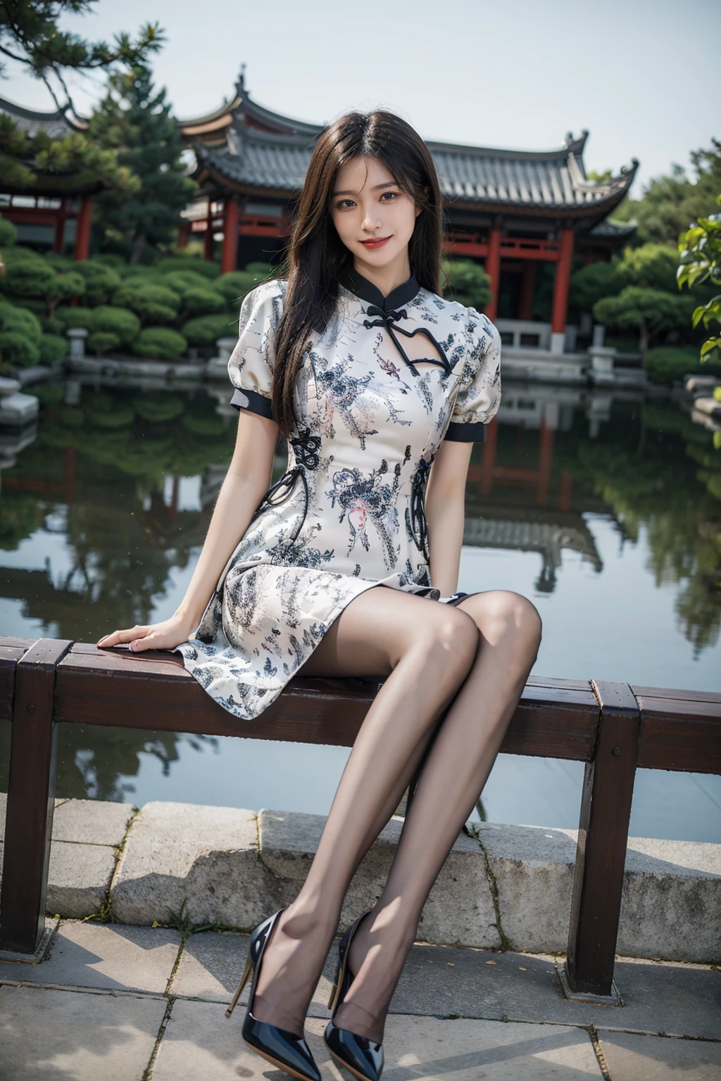 best quality, quality, masterpiece, photorealistic, 1girl, solo, sitting, looking at viewer, smile, full body, cns dress, dress, china dress, pantyhose, hight heels, chinese garden, detailed background, <lora:cns_attire_vol2_style1_v1:0.65>