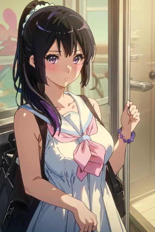 todoshizuko, purple hair, ponytail, hair ribbon, long hair, blue eyes, makeup, 15years old , large breasts, solo, nsfw, nipple, ride a bicycle