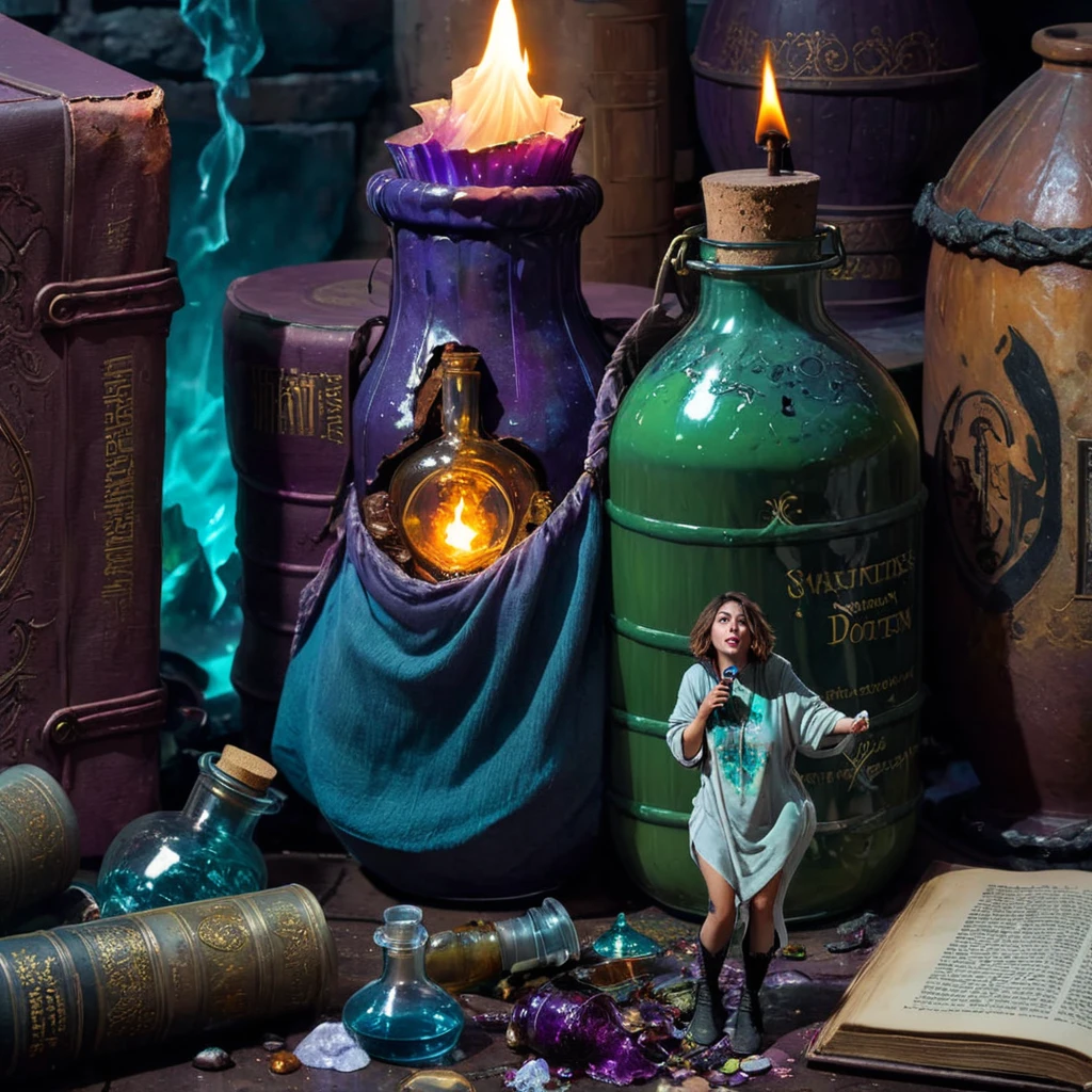 ((dirty)), highly detailed person, (shrunken:1.2,tiny:1.2) 30 year old woman, (very loose oversized baggy clothes), fantasy adventures party, broken cloth, dungeon, close-up, [tiny woman drinking giant potion bottle], next to magical book, next to potions bottle, UHD 8k wallpaper, <lora:shrunk_xl_v11:1.4>