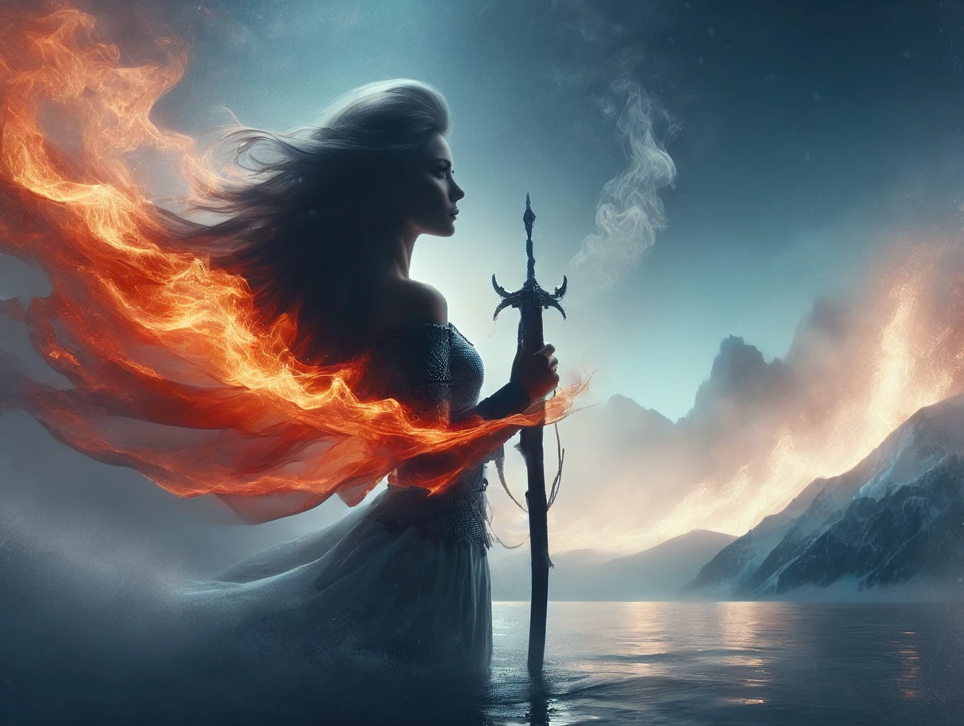 a woman in dream with long hair standing in the water with a fire in the background and a sky filled with clouds, Cyril Rolando, surreal photography, a matte painting, fantasy art, white luminous fog,
octane render, Unreal Engine 5, Cinematic, Color Grading, portrait Photography, Ultra-Wide Angle, Depth of Field, hyper-detailed, insane details, Photoshoot, Shot on 70mm lens, Tilt Blur, Shutter Speed 1/1000, F/22And, by aderek, by Pawel Tomczuk,
<lora:sdxl_lora_archer:0.6> <lora:PerfectEyesXL:0.7> <lora:sdxl_lora_swordsman:0.6> <lora:sdxl_lora_dream:0.8>