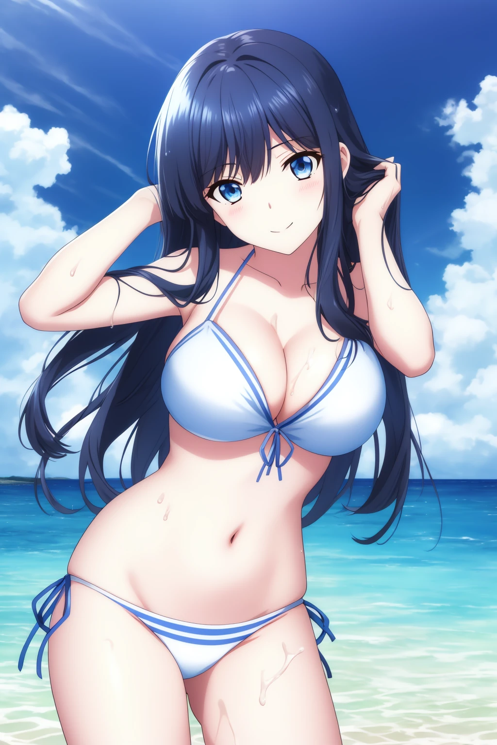 miyuki, 1girl, solo, long_hair, breasts, looking_at_viewer, smile, bangs, blue_eyes, large_breasts, black_hair, hair_ornament, navel, cleavage, medium_breasts, closed_mouth, blue_hair, standing, collarbone, swimsuit, bikini, cowboy_shot, outdoors, sky, day, cloud, water, blue_sky, wet, head_tilt, side-tie_bikini_bottom, ocean, white_bikini, clothes_pull, letterboxed, string_bikini, hand_in_own_hair, water_drop, adjusting_hair, horizon, bikini_pull, strap_pull