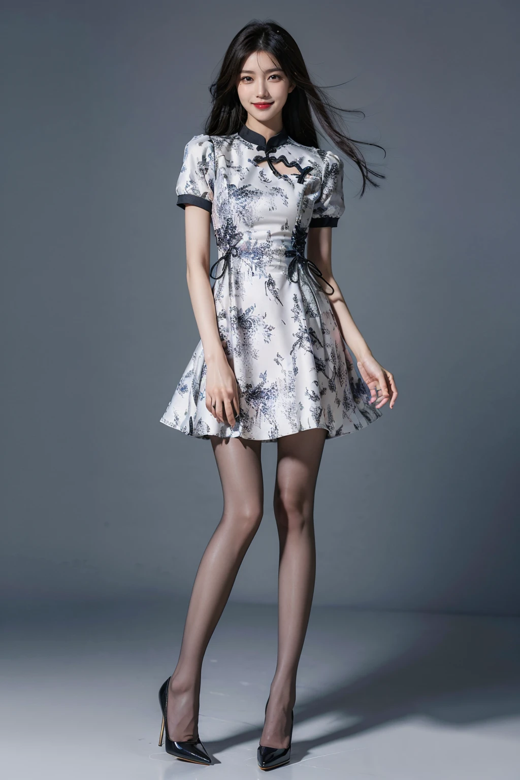 best quality, quality, masterpiece, photorealistic, 1girl, solo, looking at viewer, smile, full body, cns dress, dress, china dress, pantyhose, hight heels, simple background, <lora:cns_attire_vol2_style1_v1:0.65>