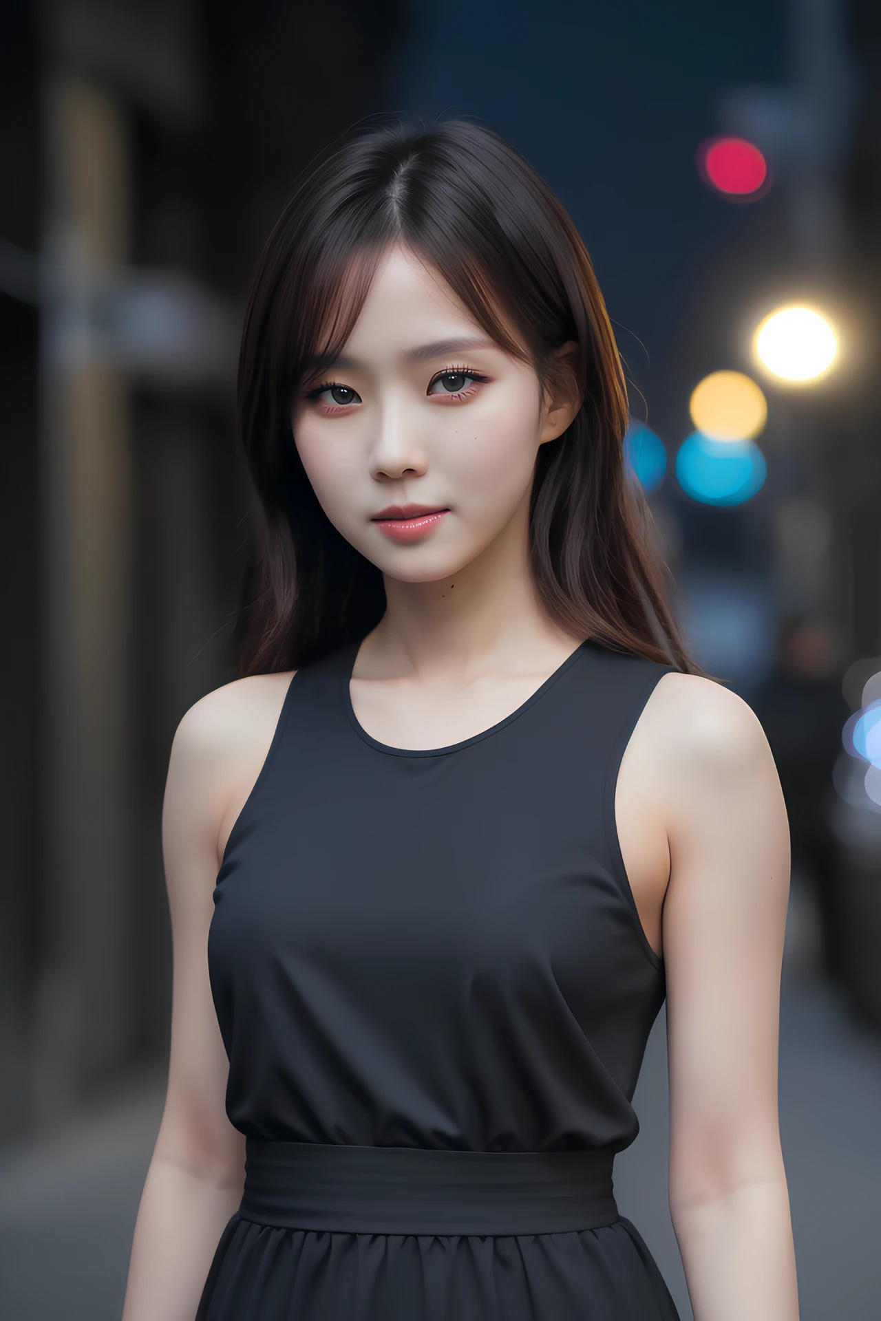 (mature body), (upper body:1.5), nikon RAW photo,8 k, Fujifilm XT3,masterpiece, best quality, realistic, photorealistic, ultra detailed, extremely detailed face, solo,1girl, standing, fashionable and trendy atmosphere, and a stylish expression on her face, close up, (narrow waist), black dress, walking, at the dark streets, moonrise, sleeveless, fabric clothes,