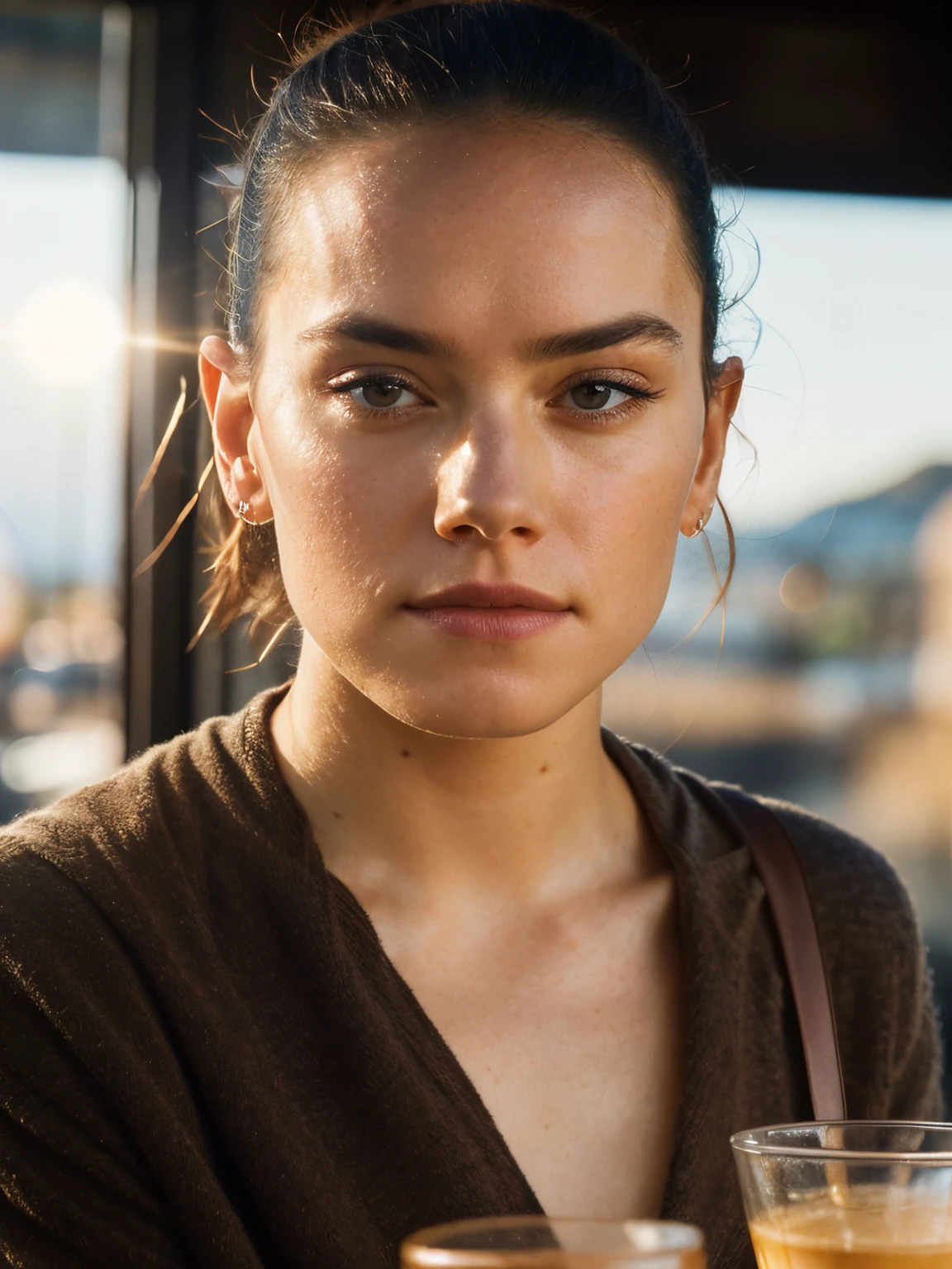 daisyrdl,a woman,(front view:1),ponytail,looking at viewer,(in a cafè),sunrise,golden hour,serious,extremely detailed,intricated,masterpiece,cinematic,(film grain:1.2),bokeh,volumetric lighting,motion blur, (rim light:1.2), <lora:daisyrdl-4:1> <lora:add_detail:1> add_detail:2,