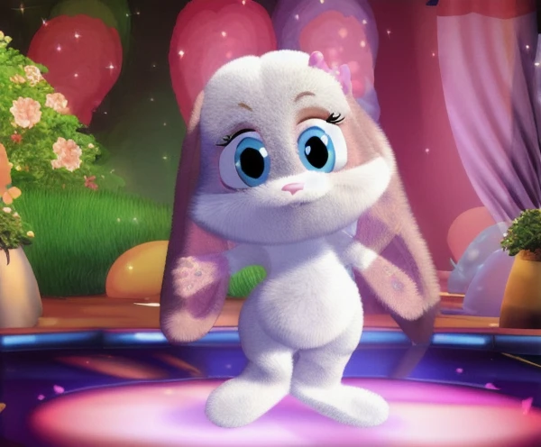 <lora:SSBunnu-v3_furryrock:1>snuggelina, Furry, Anthro, bunny, cub, solo, small body, plump, thick, Blue eyes, fur, female, cute, pink nose, lop-eared, blooming meadow, legs spread, modest, sweet, kind, mysterious, sparkle in the eyes, fireflies, dancing, disco