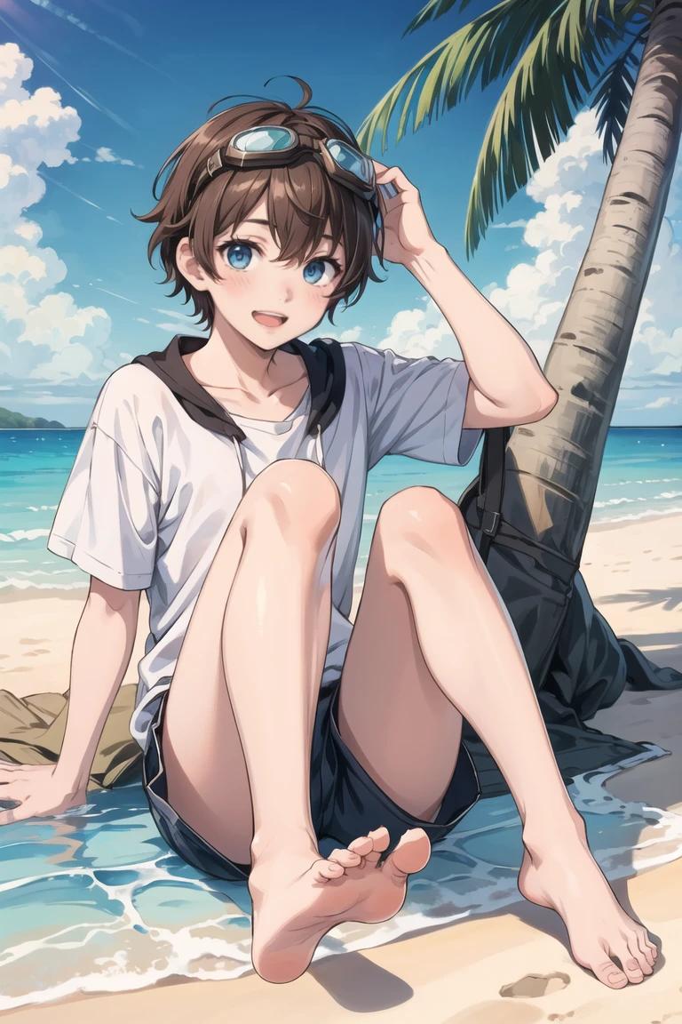 masterpiece,best quality,1boy,solo,goggles on head,male focus,blue eyes,outdoors,barefoot,shorts,open mouth,smile,looking at viewer,sitting,beach,blush,tree,brown hair,stylish pose,sky,palm tree,ocean,day,<lora:more_details:0.3>,<lora:GoodHands-beta2:1>,