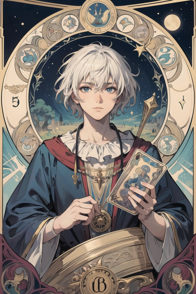 masterpiece,best quality,1 male,adult,short white hair,the fool \(tarot\),bard,clown,Symbolism,Visual art,Occult,Universal,Vision casting,Philosophical,Iconography,Numerology,Popularity,Artistic,Alfons Mucha,<lora:more_details:0.3>,<lora:GoodHands-beta2:1>,