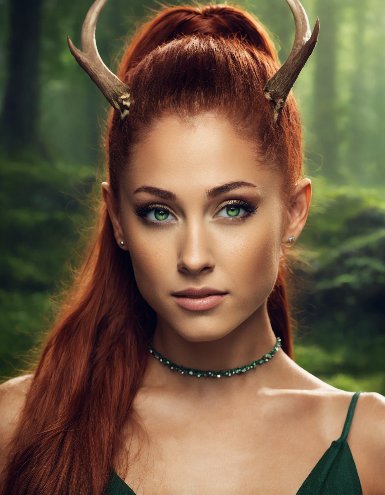 cinematic photo ((ohwx woman)) as a druid, perfect face, thin antlers, green halter top, ginger hair, abs, cinematic, freckles, stunning, athletic, strong, agile, highly detailed, psychedelic, digital painting, artstation, smooth, hard focus, illustration, art by jessica rossier and and brian froud <lora:ariana_lora_sdxl_v3:1> . 35mm photograph, film, bokeh, professional, 4k, highly detailed