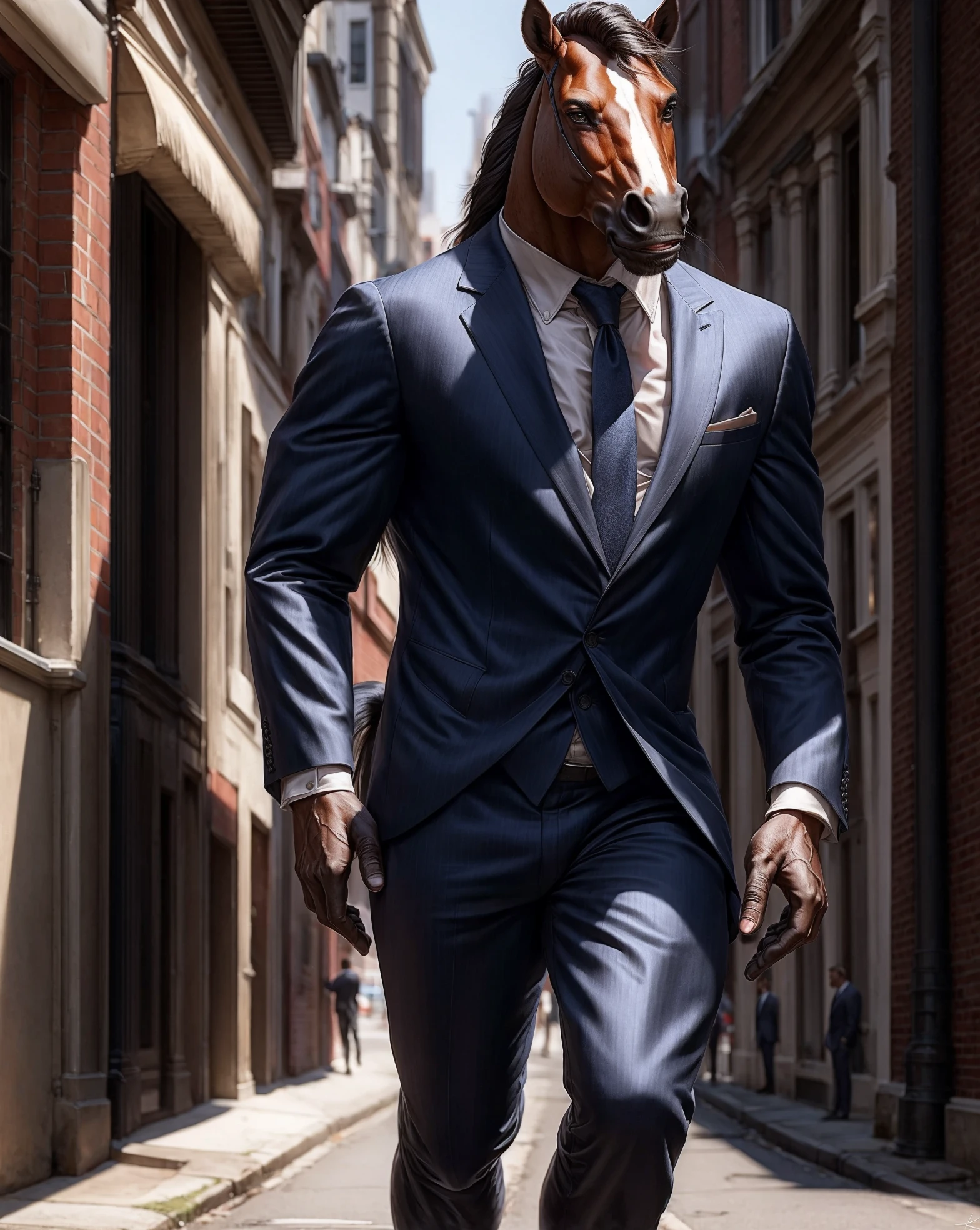 anthro, horse, male, adult, muscular, veiny muscles, suit, standing, realistic fur, detailed background, street background, realistic, photorealistic, ultra realistic, 8k,