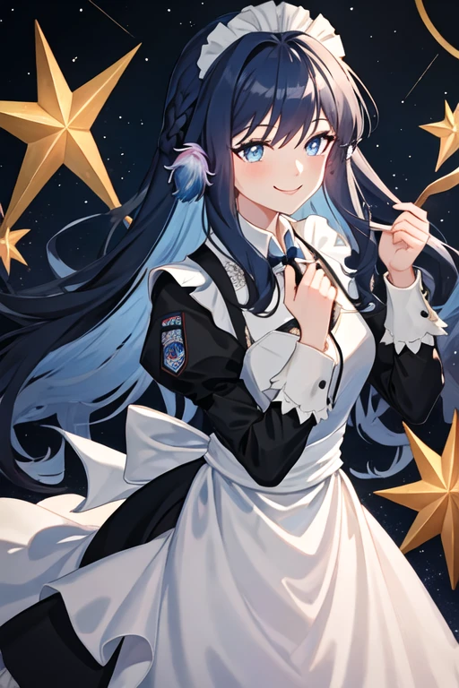 best quality, masterpiece, highres, solo, {maid:1.40}, {long maid dress:1.15}, {astesia_arknights:1.15}, long_hair, blue_hair, blue_eyes, bangs, smile, bright_pupils
