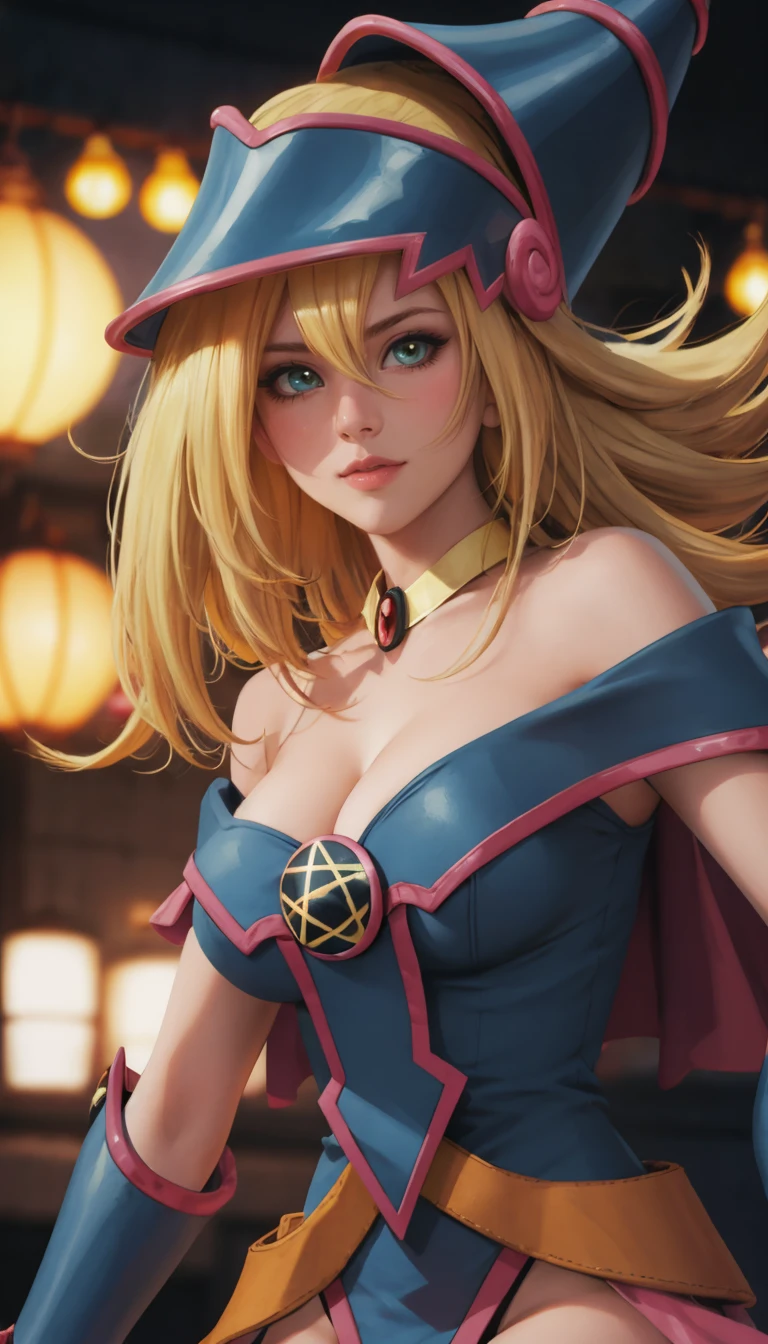 facing viewer,pose, 1girl, solo, BREAK,
ANIME_dark_magician_girl_YuGiOh_ownwaifu, www.ownwaifu.com,
blonde hair, long hair, dark magician girl,breasts, hair between eyes, medium breasts, blue eyes, bangs, collarbone, spiked hair, blush stickers, large breasts, green eyes,
bare shoulders, blue headwear, choker, duel monster, hat, wizard hat, cleavage, blue leotard, jewelry, gem, necktie, star \(symbol\), vambraces, pentacle, bracer,pelvic_curtain,hexagram,
<lora:ANIME_dark_magician_girl_YuGiOh_ownwaifu:1>,, official art,extremely detailed CG unity 8k wallpaper, perfect lighting,Colorful, Bright_Front_face_Lighting,shiny skin, (masterpiece:1.0),(best_quality:1.0), ultra high res,4K,ultra-detailed, photography, 8K, HDR, highres, (absurdres:1.2), Kodak portra 400, film grain, blurry background, (bokeh:1.2), lens flare, (vibrant_color:1.2),professional photograph, (beautiful_face:1.5),
