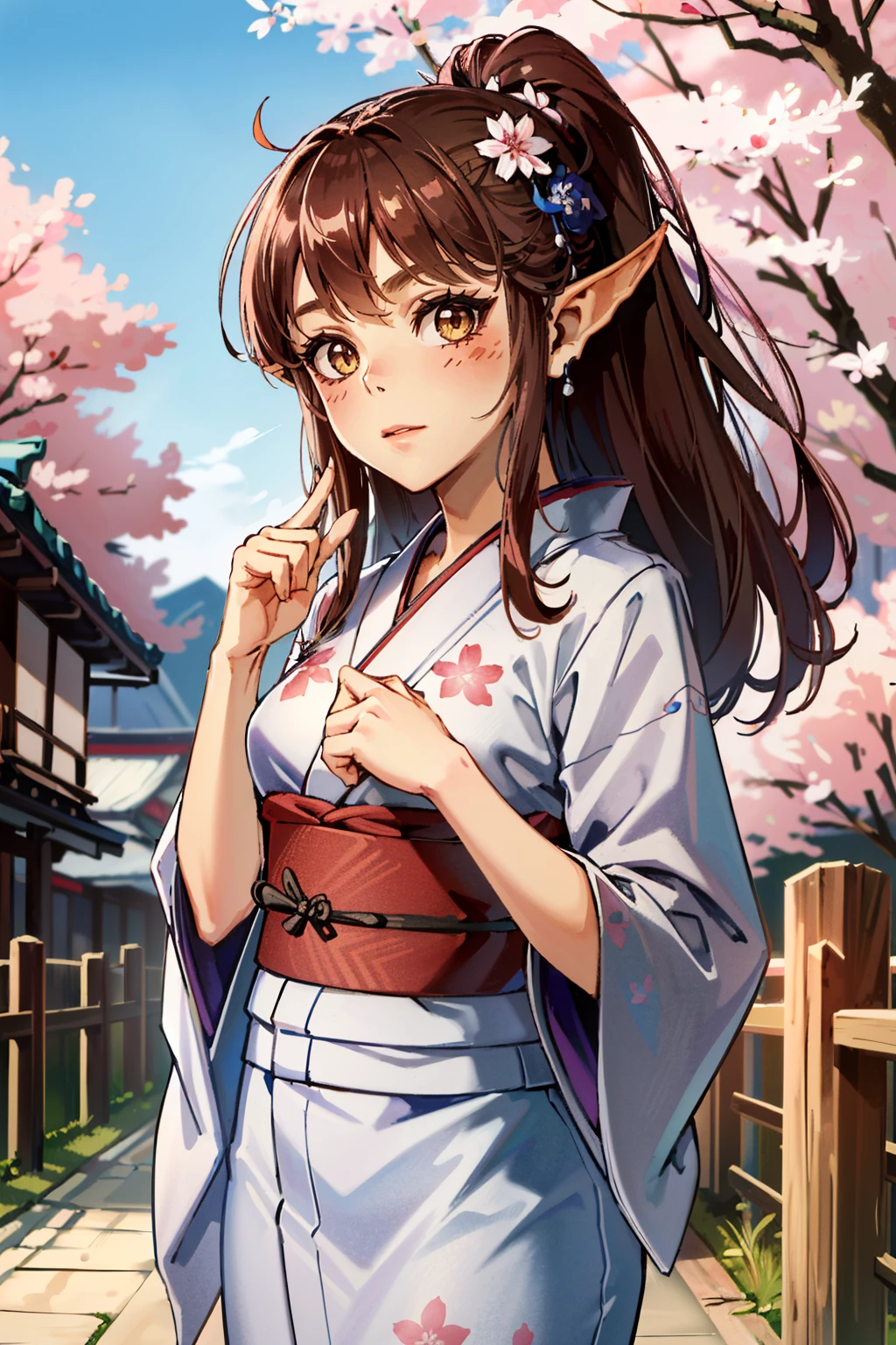 ( masterpiece, best quality, highres:1.3)
 <lora:BGLaezel-000001:0.7>
BGLaezel, 1girl, solo, pointy ears, long hair, yukata, japan, cherry blossoms, hair ornament