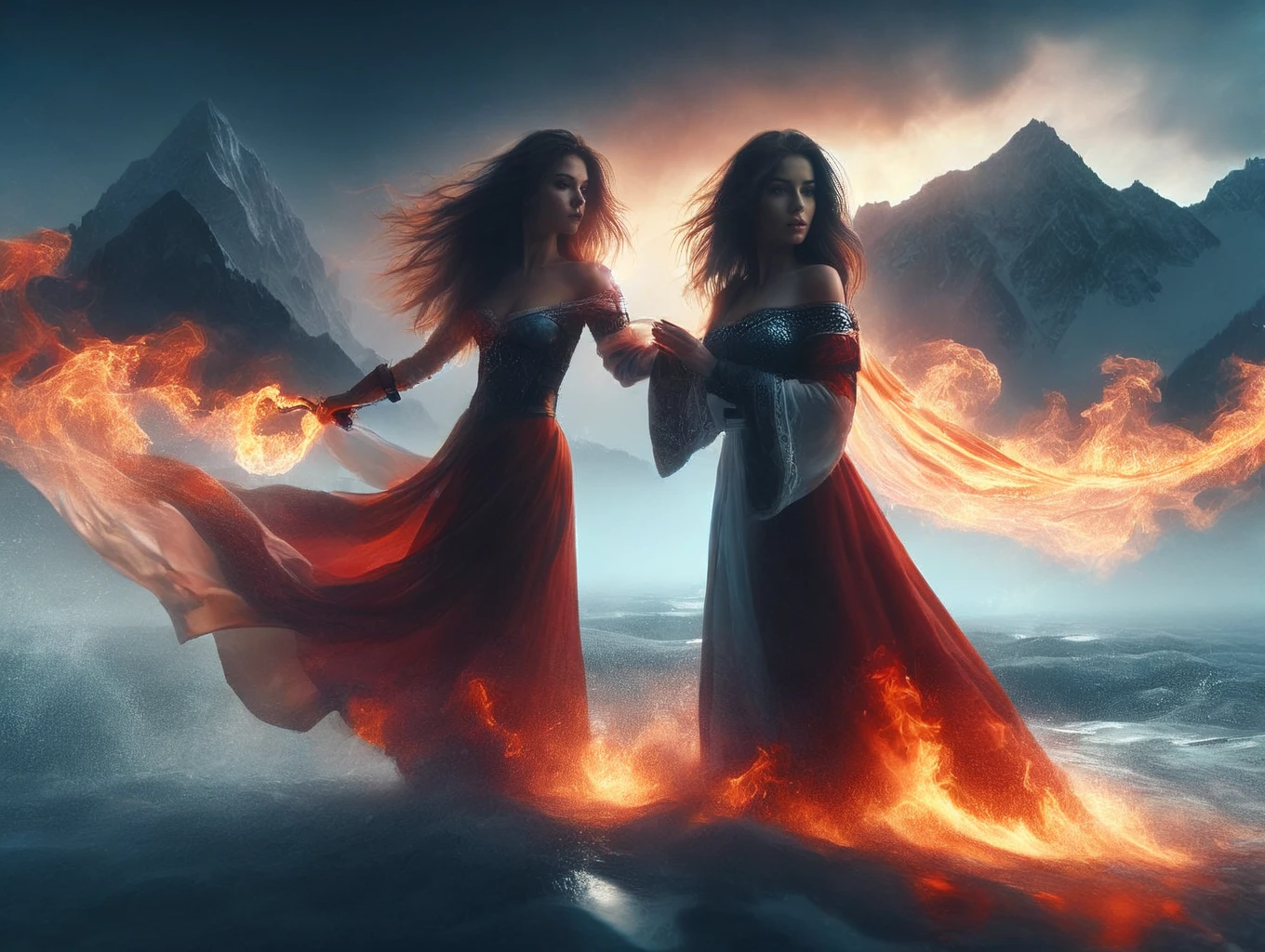 a woman in dream with long hair standing in the water with a fire in the background and a sky filled with clouds, Cyril Rolando, surreal photography, a matte painting, fantasy art, white luminous fog,
octane render, Unreal Engine 5, Cinematic, Color Grading, portrait Photography, Ultra-Wide Angle, Depth of Field, hyper-detailed, insane details, Photoshoot, Shot on 70mm lens, Tilt Blur, Shutter Speed 1/1000, F/22And, by aderek, by Pawel Tomczuk,
<lora:sdxl_lora_archer:0.6> <lora:PerfectEyesXL:0.7> <lora:sdxl_lora_swordsman:0.6> <lora:sdxl_lora_dream:0.8>