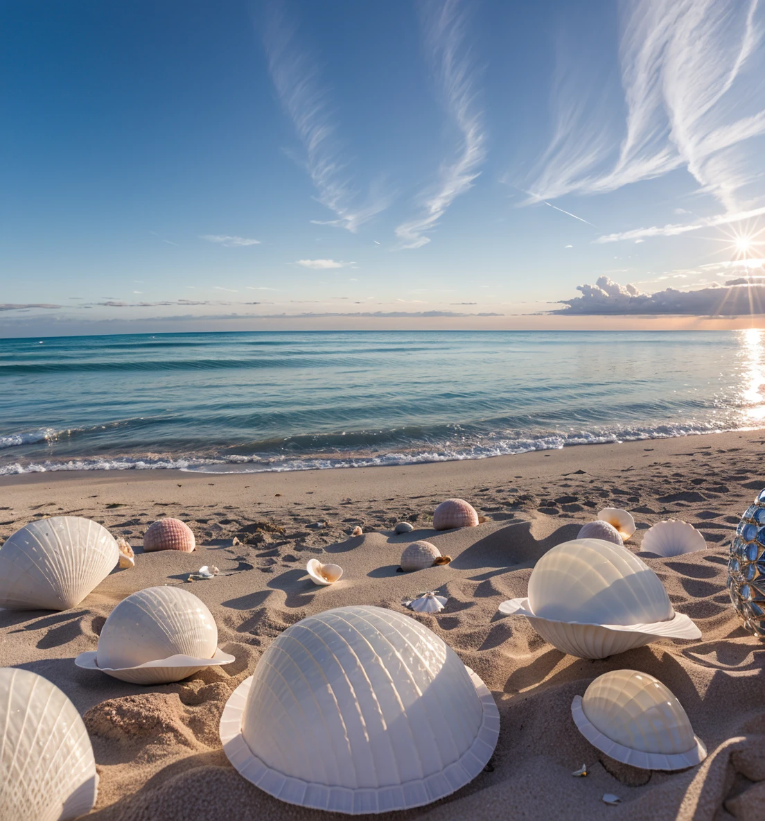 delicate scene, sky,white clouds,and sunlight shine, white beach. flowers roses and shiny large shells, diamond crystal, on the beach, fantasy, sky night , moon, smoke , photo, HD, 8K , realistic, HD, intricate, 8k, highly detailed,fun, sharp focus,