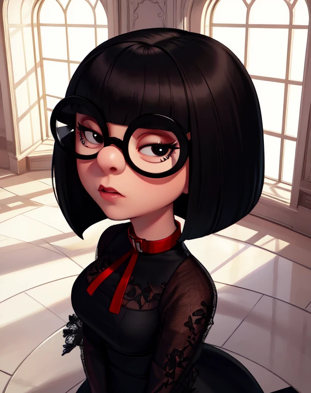 Edna, black bob cut,round black-framed eyewear,black eyes,blunt bangs, solo,
upper body, standing, black dress with red collar, large mansion, windows,
from above,
(insanely detailed, beautiful detailed face,beautiful detailed eyes, masterpiece, best quality)  solo,  <lora:Edna-10v6:0.7>