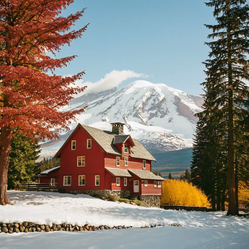film photography style a red house framed by a snowy mountain in the background and fall trees on either side, Low Angle, light noise <lora:FILM_PHOTOGRAPHY_STYLE-000049:.8>