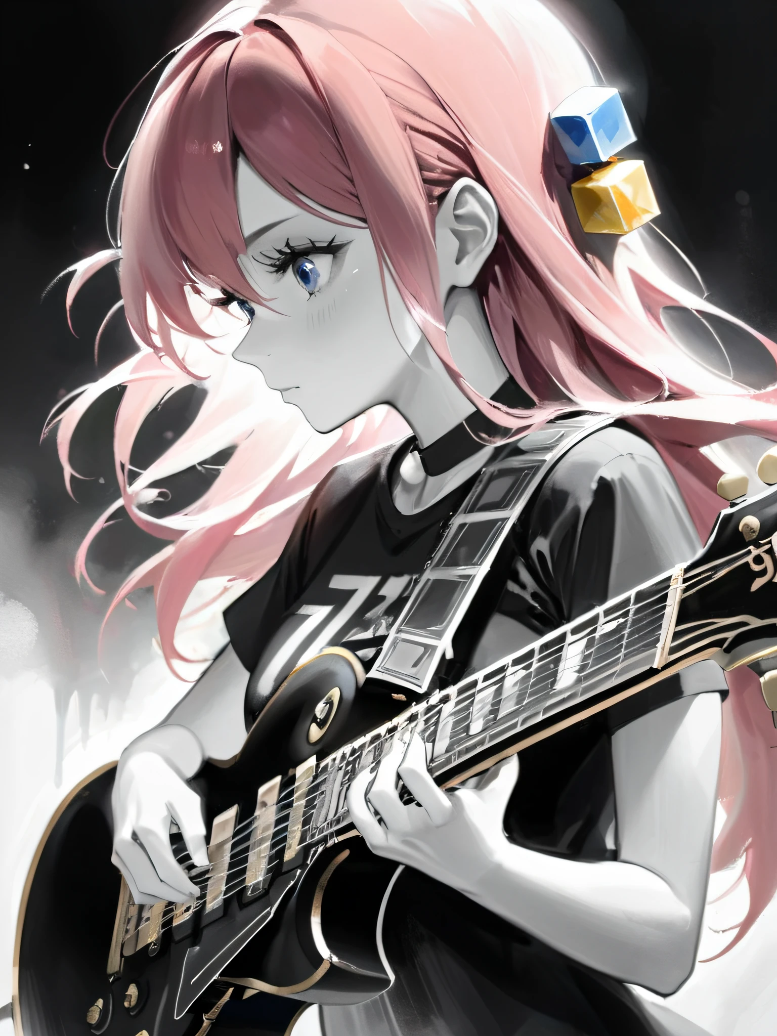 monochrome cube hair ornament, a young girl with pink hair and blue eyes, playing a Gibson Les Paul electric guitar with passion. The style is simple, focusing on the upper body of the girl in profile, against a white background. She is clad in a black t-shirt with short sleeves, her bangs falling on her forehead, and a cube hair ornament adorning her long hair pinned up on one side. She is holding the plectrum, strumming the strings, and sweat is dripping from her forehead, indicating the intensity of her performance,  <lora:gotou_hitori_xl:1> 