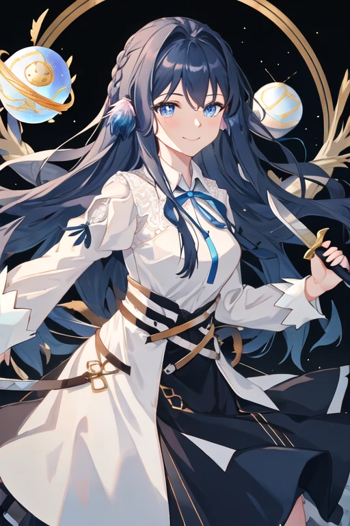 best quality, masterpiece, highres, solo, {astesia_arknights:1.15}, long_hair, blue_hair, blue_eyes, bangs, smile, bright_pupils, 1girl, black_skirt, collared_shirt, holding, long_sleeves, looking_at_viewer, neck_ribbon, ribbon, shirt, skirt, white_shirt, blue_ribbon, closed_mouth, holding_sword, holding_weapon, sword, weapon, puffy_sleeves, orb, simple_background