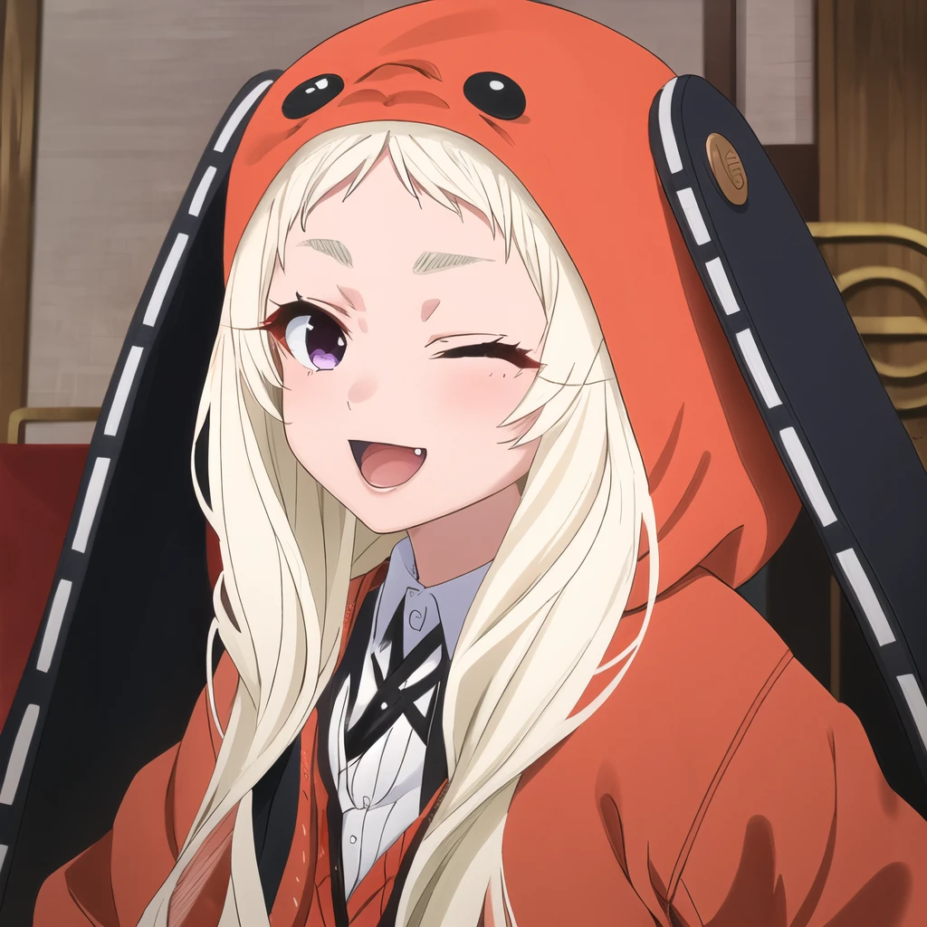 masterpiece, best quality, ultra-detailed, 1 girl, yomozuki runa, blonde hair, purple eyes, long hair, kigurumi, black animal ears, red school uniform, wink, eye closed