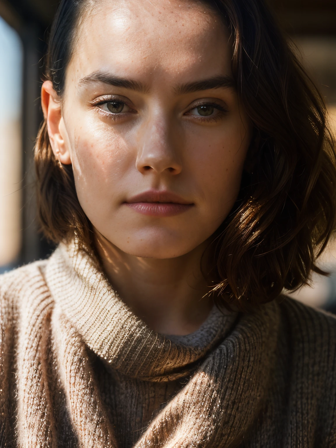 daisyrdl,a woman,(front view:1),ponytail,looking at viewer,(in a cafè),sunrise,golden hour,serious,extremely detailed,intricated,masterpiece,cinematic,(film grain:1.2),bokeh,volumetric lighting,motion blur, (rim light:1.2), <lora:daisyrdl-4:1> <lora:add_detail:1> add_detail:2,