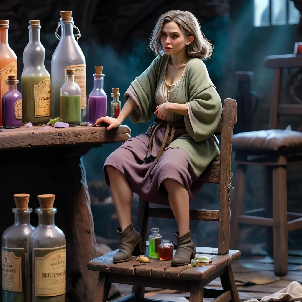 a scene of one highly detailed (shrunken, tiny) 30 year-old woman, very loose oversized baggy clothes, fantasy adventures party, broken cloth, dungeon, close-up, standing on wooden chair, shrunken woman next to potions bottle, photorealistic illustration, UHD 8k wallpaper, , <lora:shrunk_xl_v11:1>