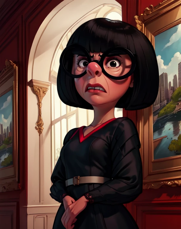 Edna,black bob cut,round black-framed eyewear,black eyes,blunt bangs,solo,looking at viewer,
upper body,black dress,red V-neck,large mansion,indoors,(angry:1.2),
standing,
(insanely detailed, beautiful detailed face,beautiful detailed eyes, masterpiece, best quality) solo,<lora:Edna-10v6:0.9>,