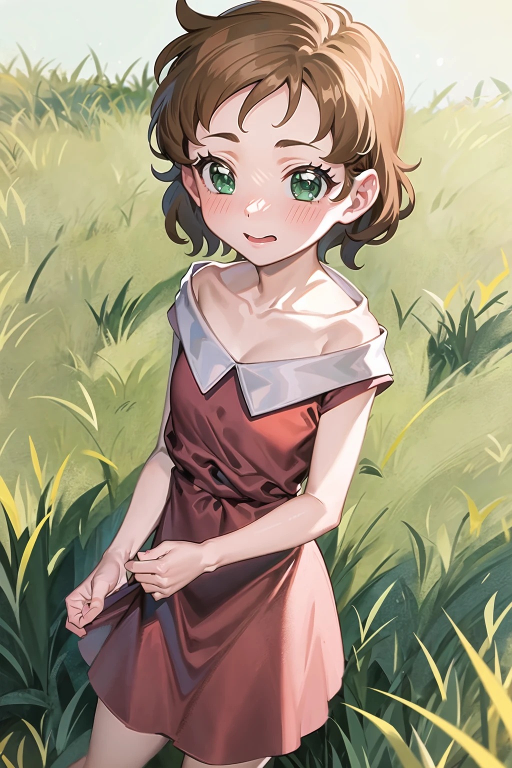 1girl, sndsuzuka, childshort hair, brown hair, green eyes, collarbone, red dress, embarrassed, blush, looking at viewer, standing, grass field <lora:sounanda-suzuka-000004:0.7>