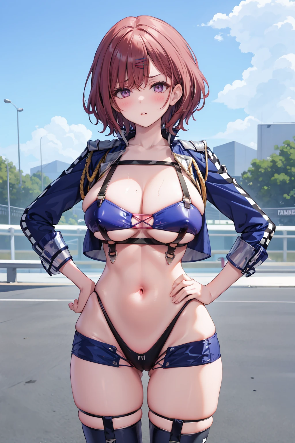 1girl,solo, <lora:BaltimoreRaceQueenHighlegBikiniCroppedJacket:1>,
 , race queen, huge breasts, cropped jacket, highleg bikini, micro shorts,thigh boots,, blush, outdoors, road, hand on hip, <lora:char-madoka:0.8>,purple hair, hairclip, light frown, parted lips,