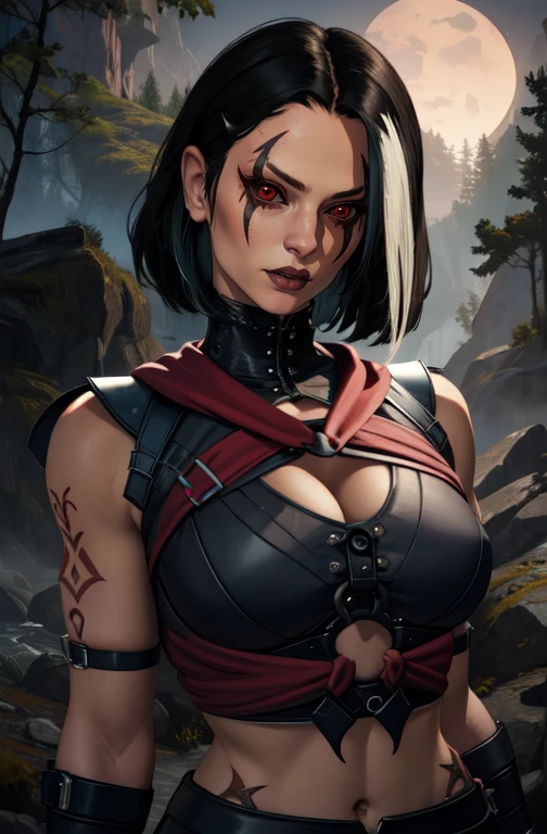sareenamk1,  black sclera,  red eyes, arm tattoo, black hair, two-tone hair,  looking at viewer, 
black crop top,  o-ring, gloves, midriff cleavage, 
standing, upper body, 
mortal kombat, outside, night, forest, 
(insanely detailed, beautiful detailed face, masterpiece, best quality),  <lora:sareenamk1:0.7>