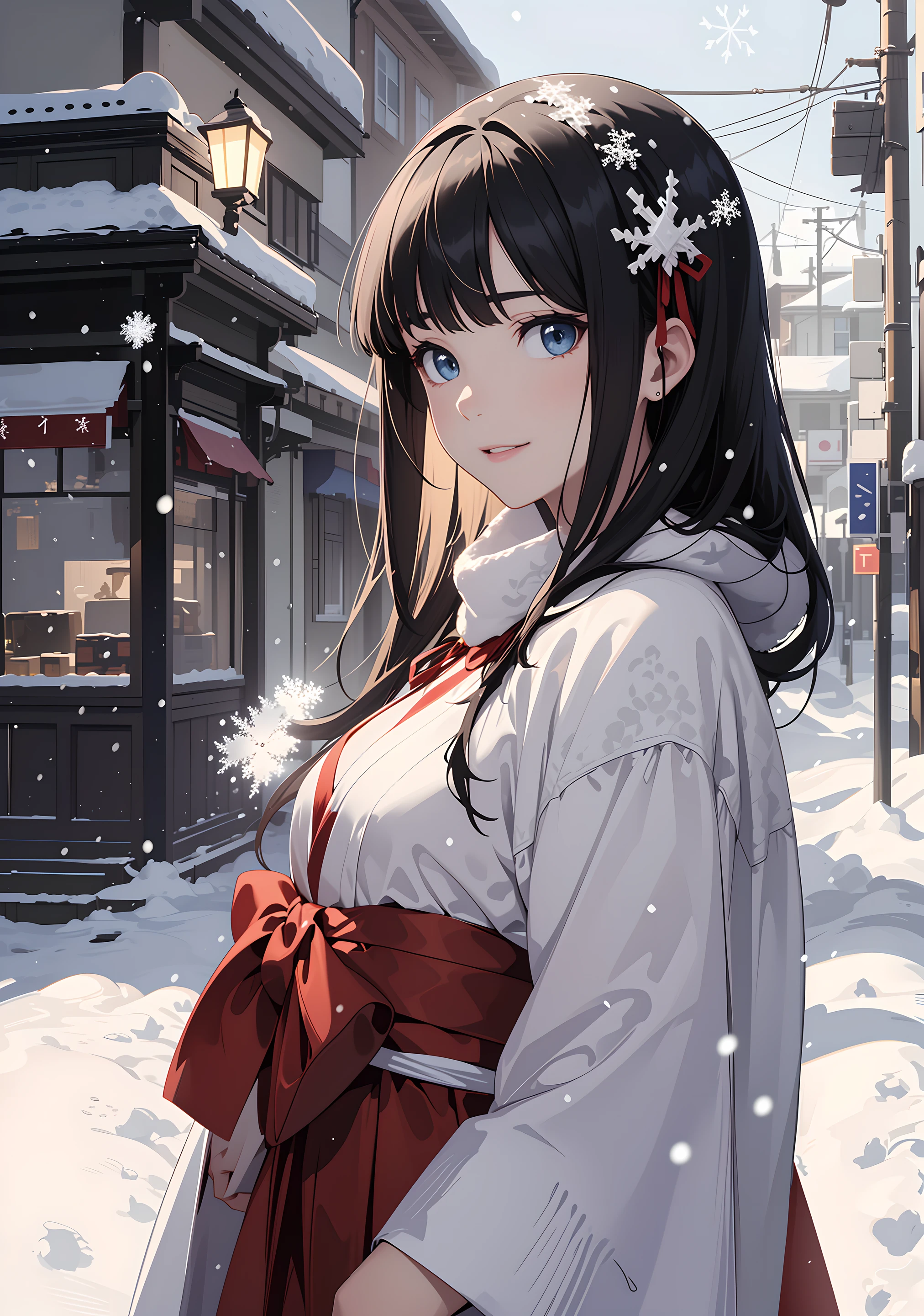 (anime), ((extremely detailed 8k illustration)), highres, (extremely detailed and beautiful background), ultra detailed painting, professional illustrasion, Ultra-precise depiction, Ultra-detailed depiction, (beautiful and aesthetic:1.2), HDR, (depth of field:1.4), colorful, vivid, beautiful detailed glow light particles, intricate:1.4, <lora:GoodHands-beta2:1>,
(girl), highly detailed beautiful face and eyes, beautiful hair, bob hair, blunt bangs, (black hair:1.4), (Red ribbon on the back of the hair:1.2), ( Samurai Shodown's nakoruru costume:1.2), kirakira skin, (abstract:1.2), pretty, subesube, (small stature,medium breast), smile, cowboy shot, front view, looking at viewer, (town, snow, snow city, snowing:1.5), (1snowman:1.1), (residential area, street corner:1.3), (outdoors),