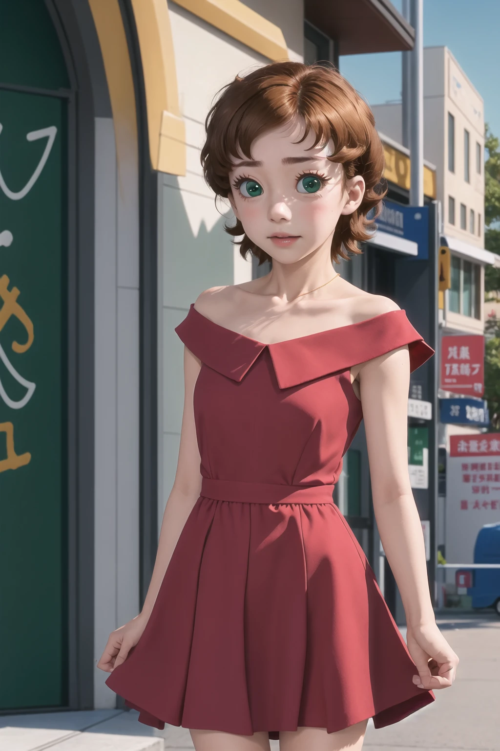 1girl, sndsuzuka, short hair, brown hair, green eyes, collarbone, red dress, embarrassed, blush, looking at viewer, standing, city <lora:sounanda-suzuka-000004:0.9>