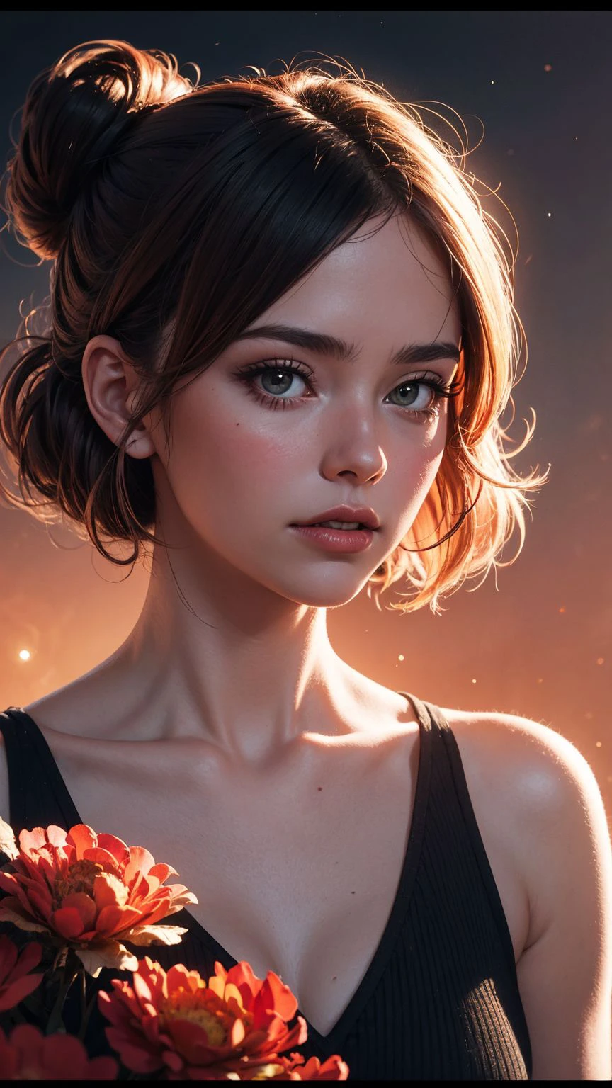 tintype photography of mature woman, Space buns haircut, Coral haircolor, eye level, warm golden hour lighting, lens flare, shot on Bolex H16, in the style of Brandon Woelfel