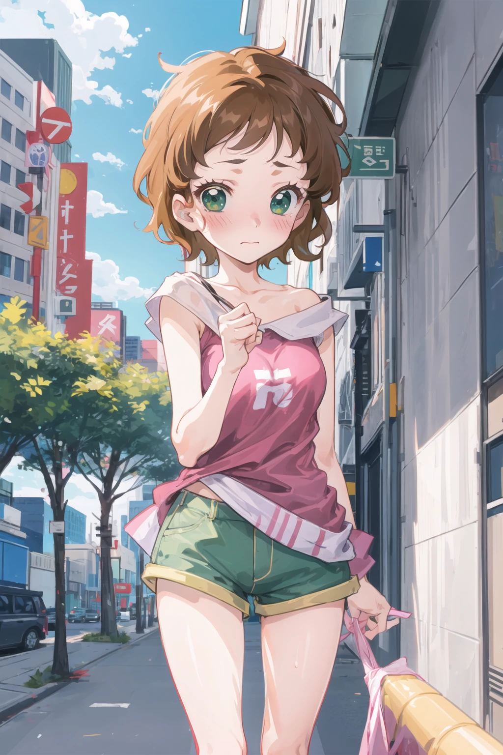 1girl, sndsuzuka, short hair, brown hair, green eyes, shirt, short shorts, embarrassed, blush, looking at viewer, standing, city <lora:sounanda-suzuka-000004:0.8>