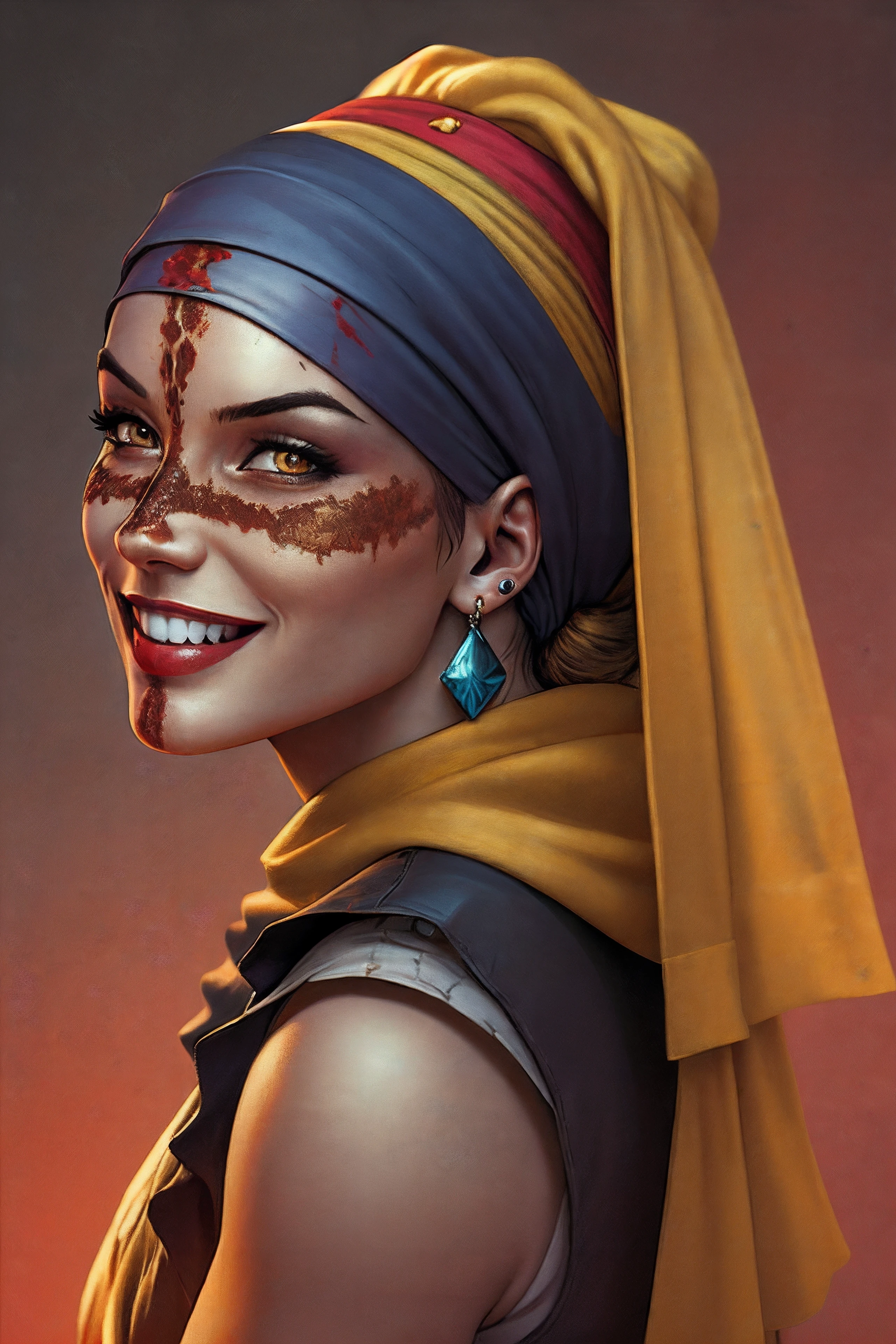 (best quality:1.2), (masterpiece:1.2), (detailed:1.2), 1girl, facescar, evil smile, portrait, evil smile, earrings, yellow bandana, blue headband, blood on clothes, blood splash, guro, looking back, detailed face, uhd, hdr, 8k, absurdres, <lora:crossed-100:0.9>
