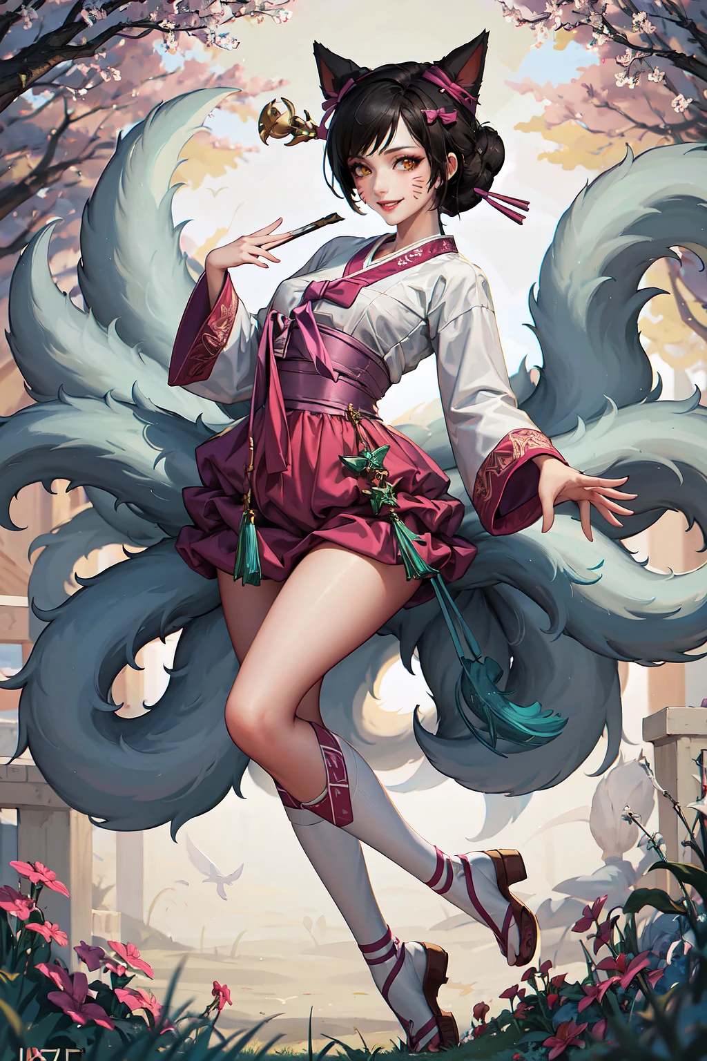 masterpiece, best quality, IncrsAhriDynasty, <lora:AhriDynasty-06:1>, fox tail, multiple tails, facial mark, korean clothes, hair bun, hair stick, hanbok, hair ribbon, full body, smile,