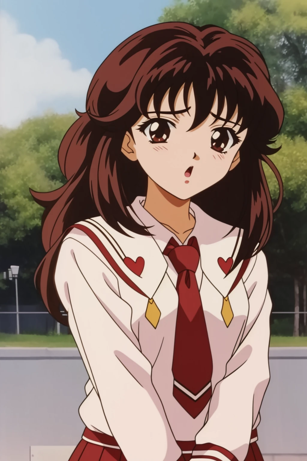 tomoko, 1girl, breasts, solo, long_hair, looking_at_viewer, blush, bangs, brown_hair, long_sleeves, brown_eyes, school_uniform, upper_body, heart, outdoors, necktie, day, :o, v_arms, retro_artstyle