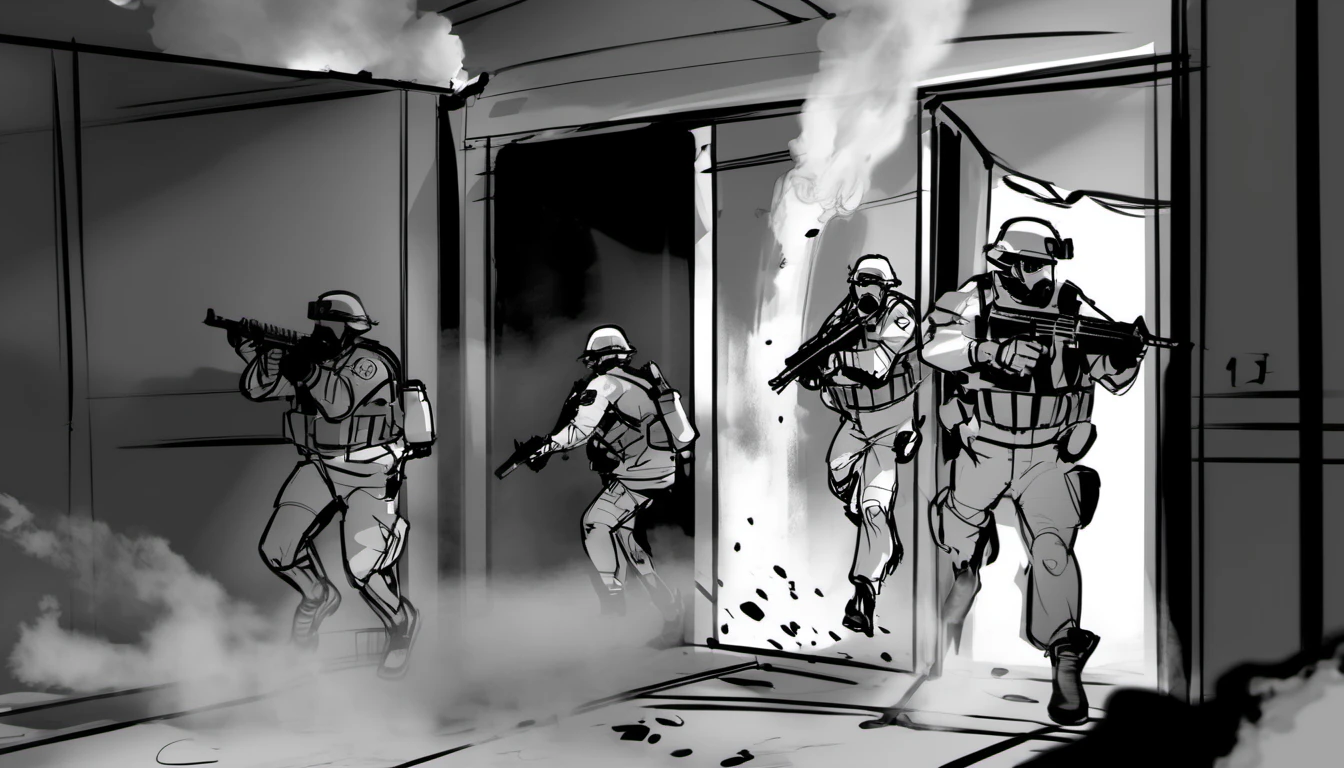 storyboard sketch of SWAT team breaching a door with explosives, wood splinters and smoke filling the air. <lora:storyboard sketch:0.8>