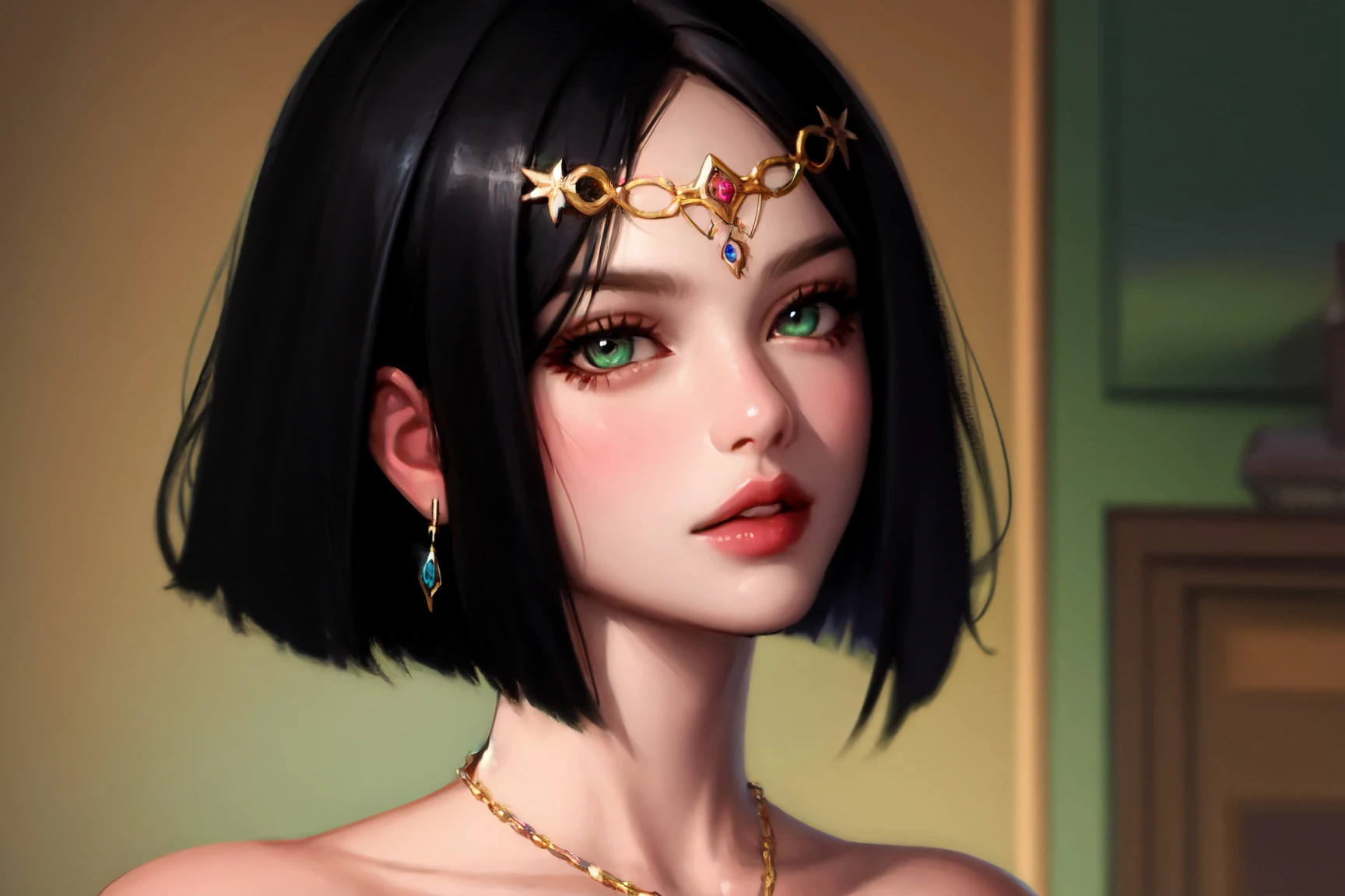 1girl, solo, long hair,oil painting, impasto, looking at viewer, black hair, jewelry, green eyes, short hair,bob cut, earrings, lips, dark skin, necklace, lips, circlet