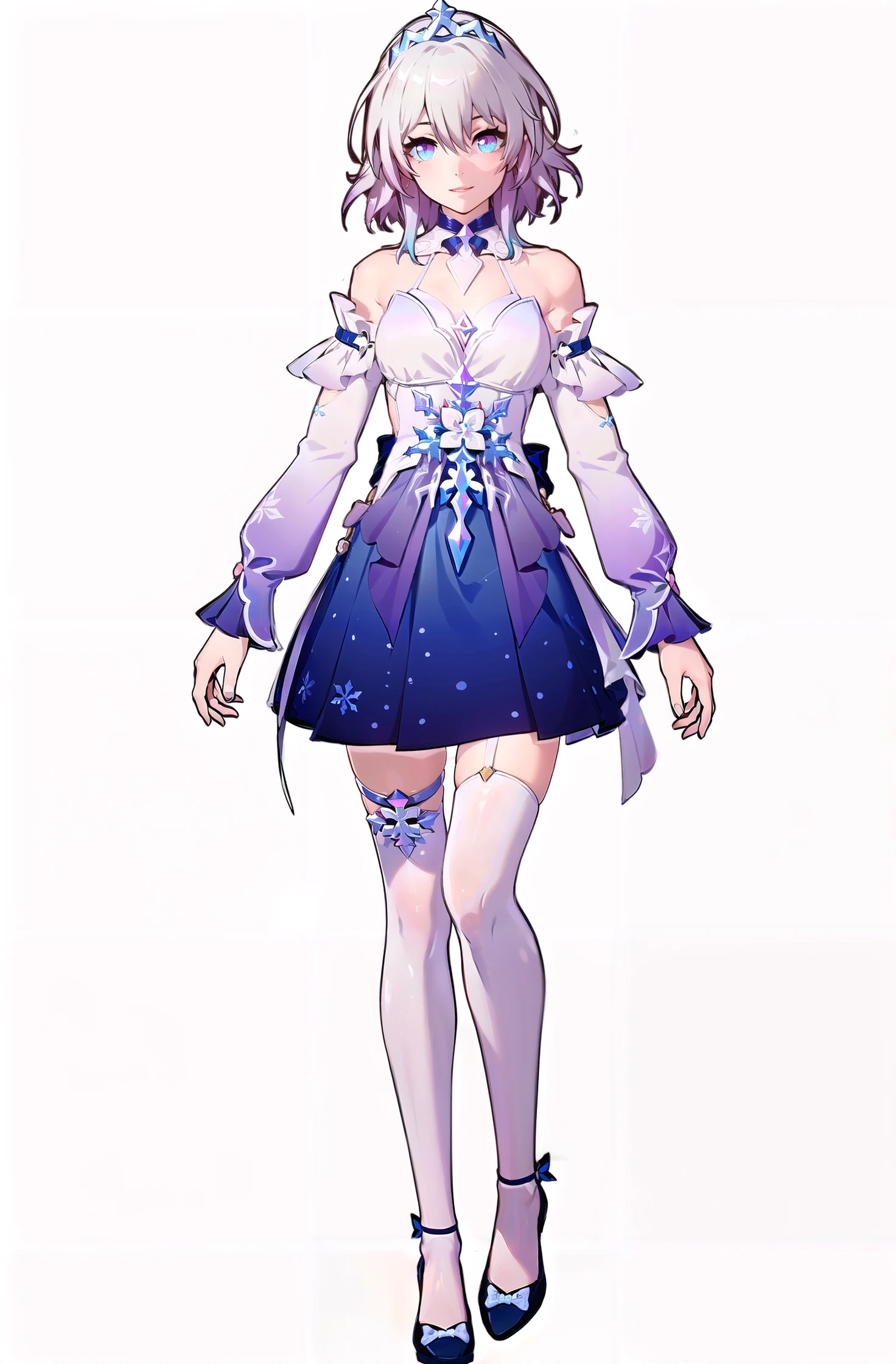 8k, best quality, masterpiece, (ultra-detailed:1.1), (high detailed skin),
(full body:1.2), white background, standing, looking at viewer, solo, hand on hip, smile,
<lora:sanyueqi-v100-000021:0.8:lbw=OUTALL>, new syq, dress, tiara, blue eyes, full body, detached sleeves, bare shoulders, white thighhighs, short hair, pink hair,
(white background, simple background,:1.2),
<lora:EnvyBetterHands LoCon_beta2 è¾
å©:0.55>, ( good hands, nice hands:0.5),
(beautiful_face), ((intricate_detail)), clear face,
((finely_detailed)), fine_fabric_emphasis,
((glossy)), full_shot,