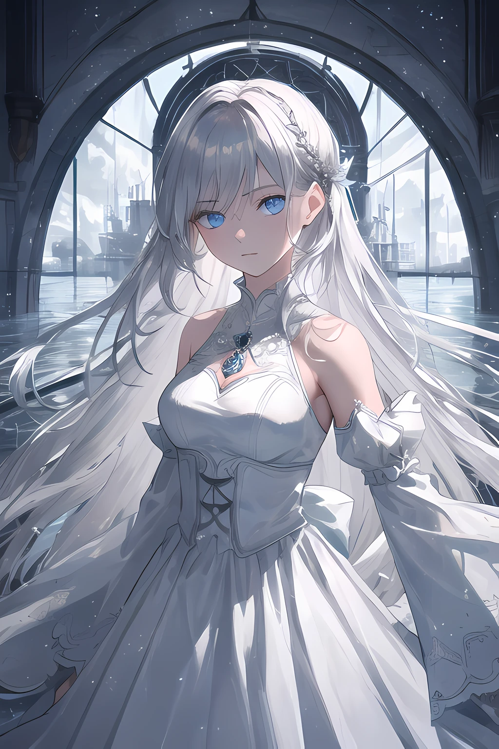 (masterpiece, best quality, high quality, highres, ultra-detailed),1girl,solo,silver hair,light blue eyes,silver eyelashes,<lora:colored_eyelashes:1>,detached colar,water,detached sleeves,white dress,standing,immersive lighting,