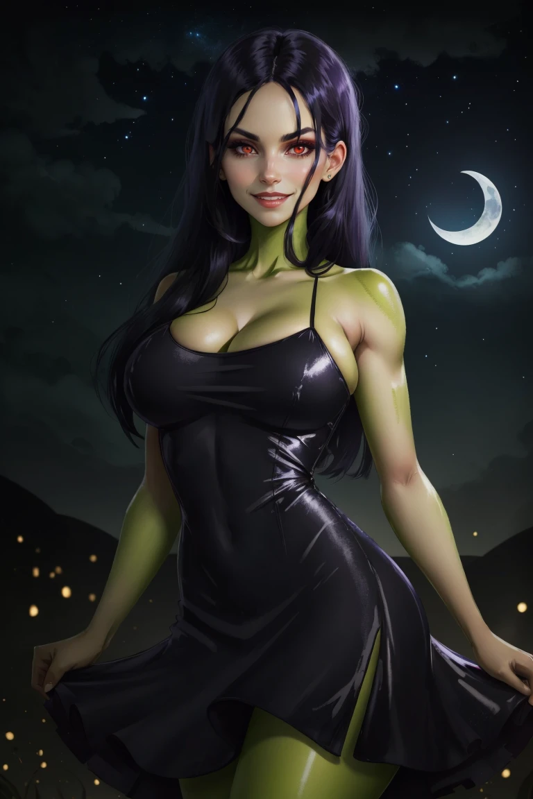 centered, award winning upper body portrait, cowboy shot, (looking at viewer:1.2), |
<lora:Gruntilda_Anime:0.8>, Gruntilda, green skin, long black hair, black dress, red eyes, busty, smug, evil smile,
,
| starry sky, moon,
| bokeh, depth of field, cinematic composition, | dynamic pose,