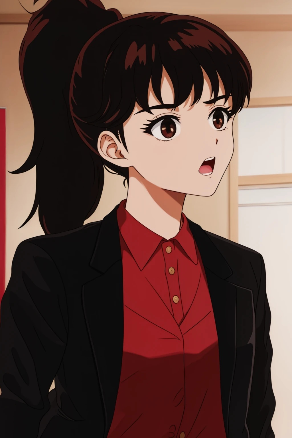 tomoko, 1girl, solo, long_hair, looking_at_viewer, open_mouth, bangs, indoor, brown_hair, shirt, black_hair, holding, brown_eyes, jacket, upper_body, ponytail, teeth, collared_shirt, black_eyes, black_jacket, looking_to_the_side, formal, suit, red_shirt, retro_artstyle