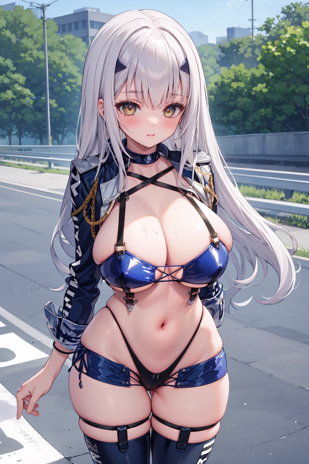 1girl,solo,standing,cowboy shot, <lora:BaltimoreRaceQueenHighlegBikiniCroppedJacket:1>,
<lora:char-melusine:0.8> , race queen, huge breasts, cropped jacket, highleg bikini, micro shorts, thigh boots, blush, gloves, road, outdoors, long hair,