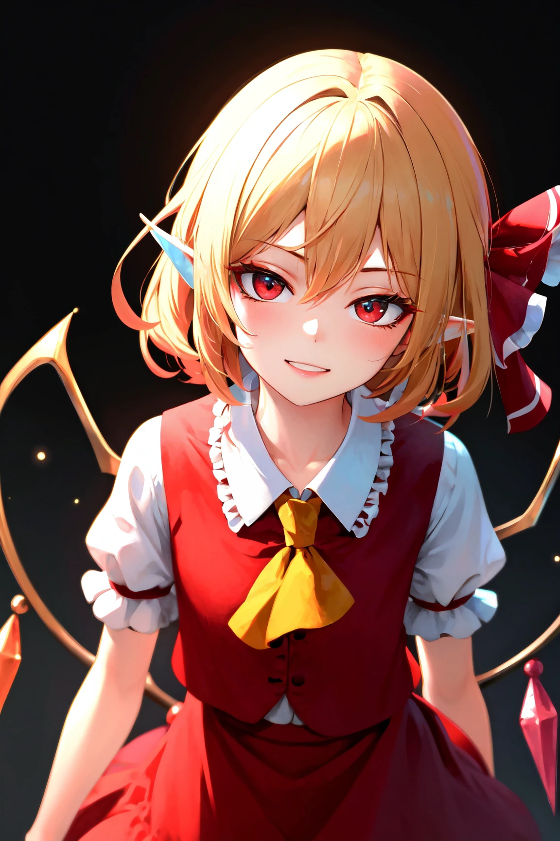 face focus, cute, masterpiece, best quality, 1girl, black background, highly detailed eyes, perfect lighting, 1girl, solo, flandre scarlet (touhou), (blonde hair:1.0), red eyes, short sleeves, ascot, red vest, frilled, pointy ears, looking at viewer, eyeshadow, (tsurime:1.2), smirk, light particle, solo, standing, pixiv, depth of field, cinematic compotision, looking up