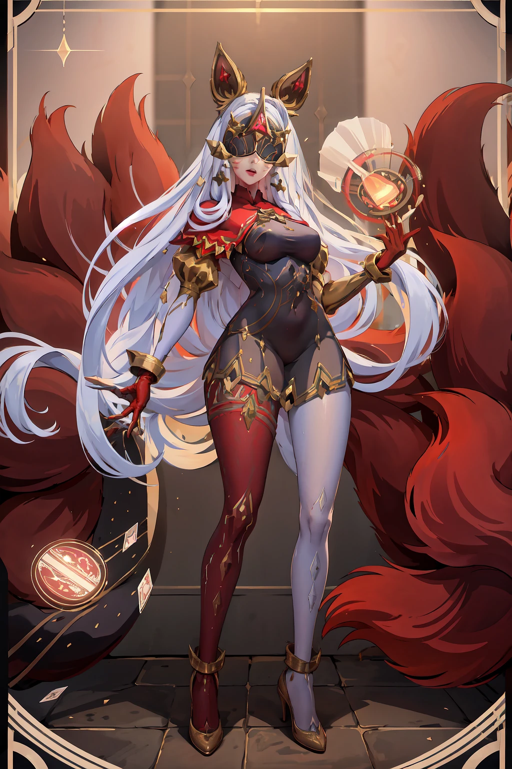 masterpiece, best quality, IncrsAhriArcana, <lora:AhriArcana:1>, fox tail, multiple tails, gloves, dress, mask, high heels, pantyhose, standing, 