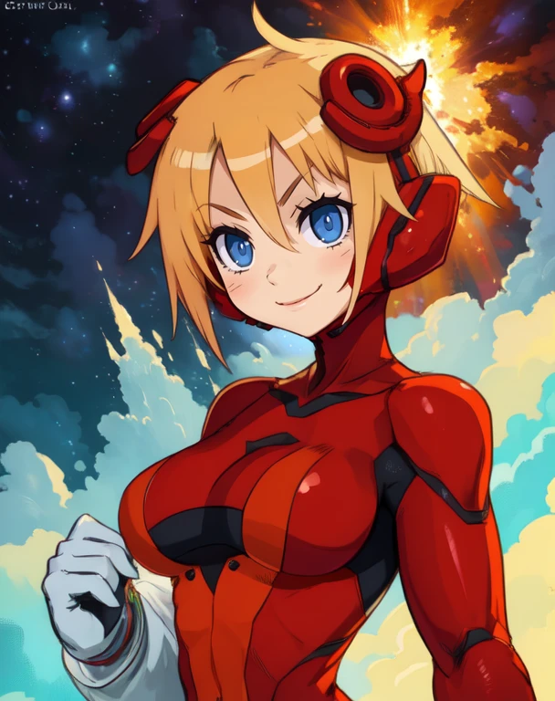 Piyori , short blonde hair,blue eyes ,
solo, standing, upper body,
cleavage, light smile,
red bodysuit ,skin tight,white gloves,hair ornament,small skirt,
stars, colorful explosions in background,
(insanely detailed, beautiful detailed face, masterpiece, best quality)
<lora:PiyoriNijino-10v5:0.8>