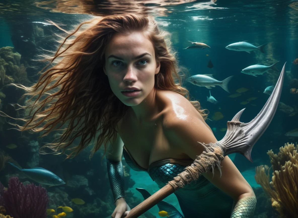 photorealistic, realistic, 1girl, mermaid, portrait, detailed pupils, messy hair, underwater, submerged, fish, holding spear, ornate weapon