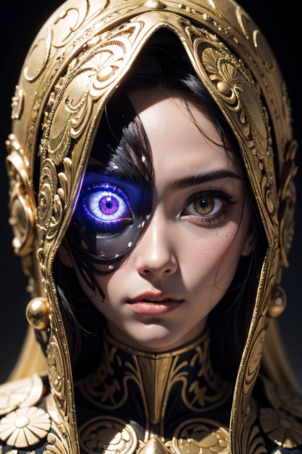Abstract style hyper-realistic portrait of an otherworldly being with metallic skin, glowing orbs for eyes, and intricate fractal patterns emanating from their face . Non-representational, colors and shapes, expression of feelings, imaginative, highly detailed